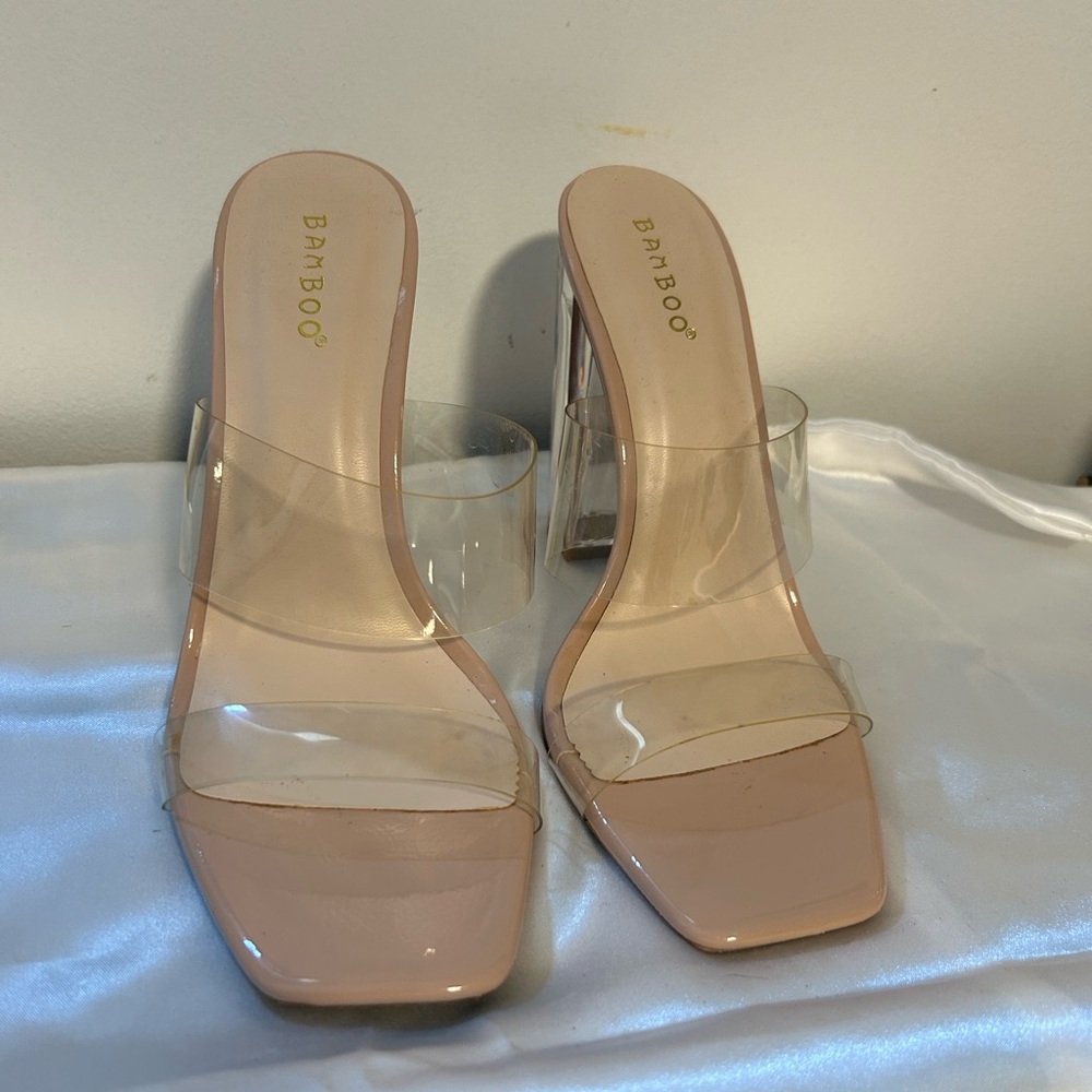 Nude heels with clear block heel and clear straps